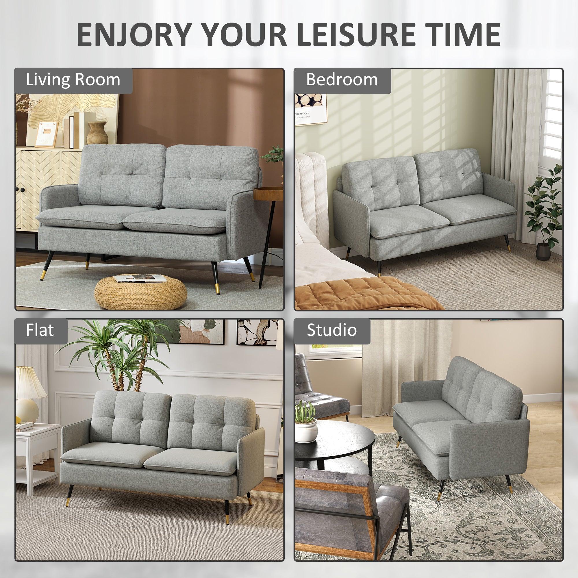 HOMCOM Modern Two Seater Sofa, Button Tufted Loveseat with Cushions and Steel Legs for Living Room, Guest Room, Grey